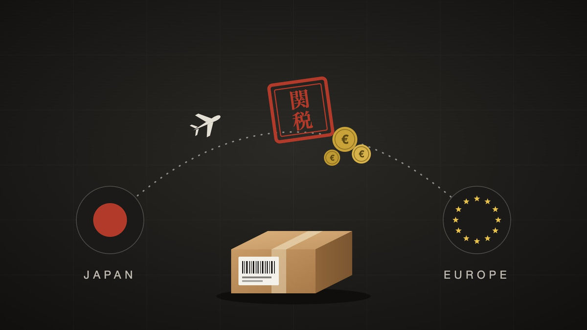 Parcel shipped from Japan to Europe with a customs duty stamp and euro coins