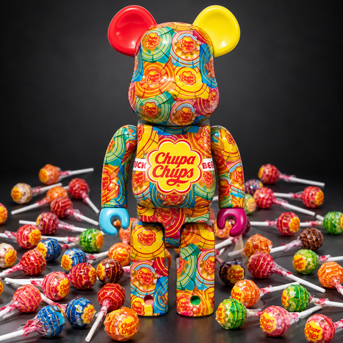 BE@RBRICK Chupa Chups 400% by Medicom Toy, surrounded by lollipops