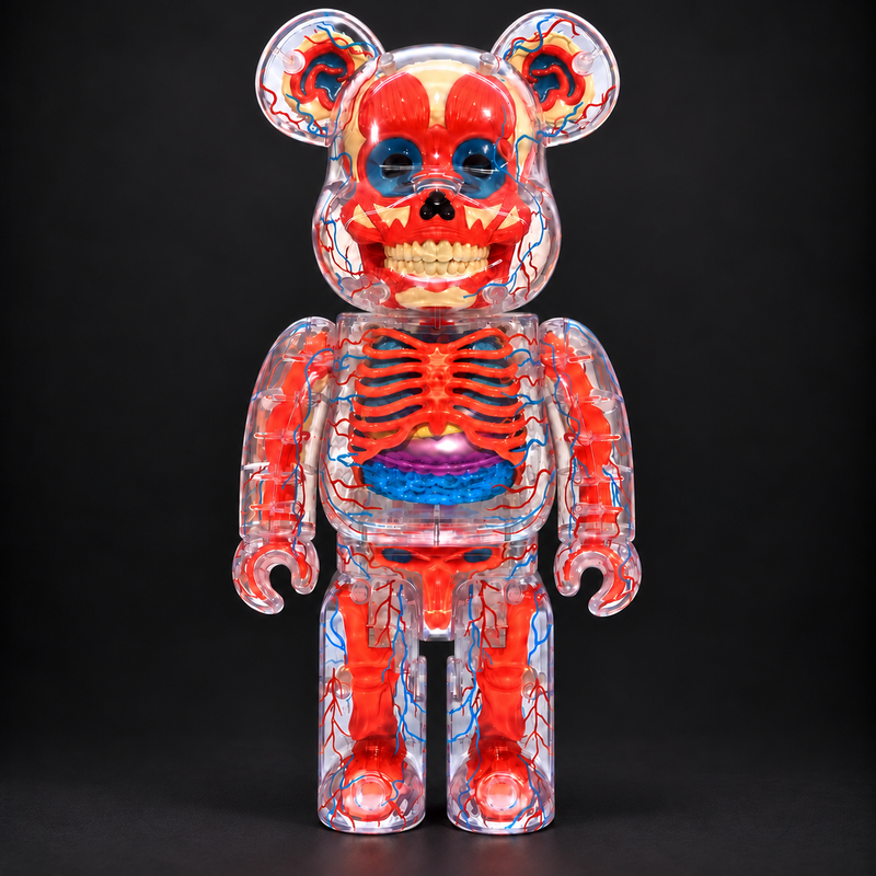 BE@RBRICK SHELTERBANK The Human Bear 400% variante arancione – fronte, design anatomico trasparente